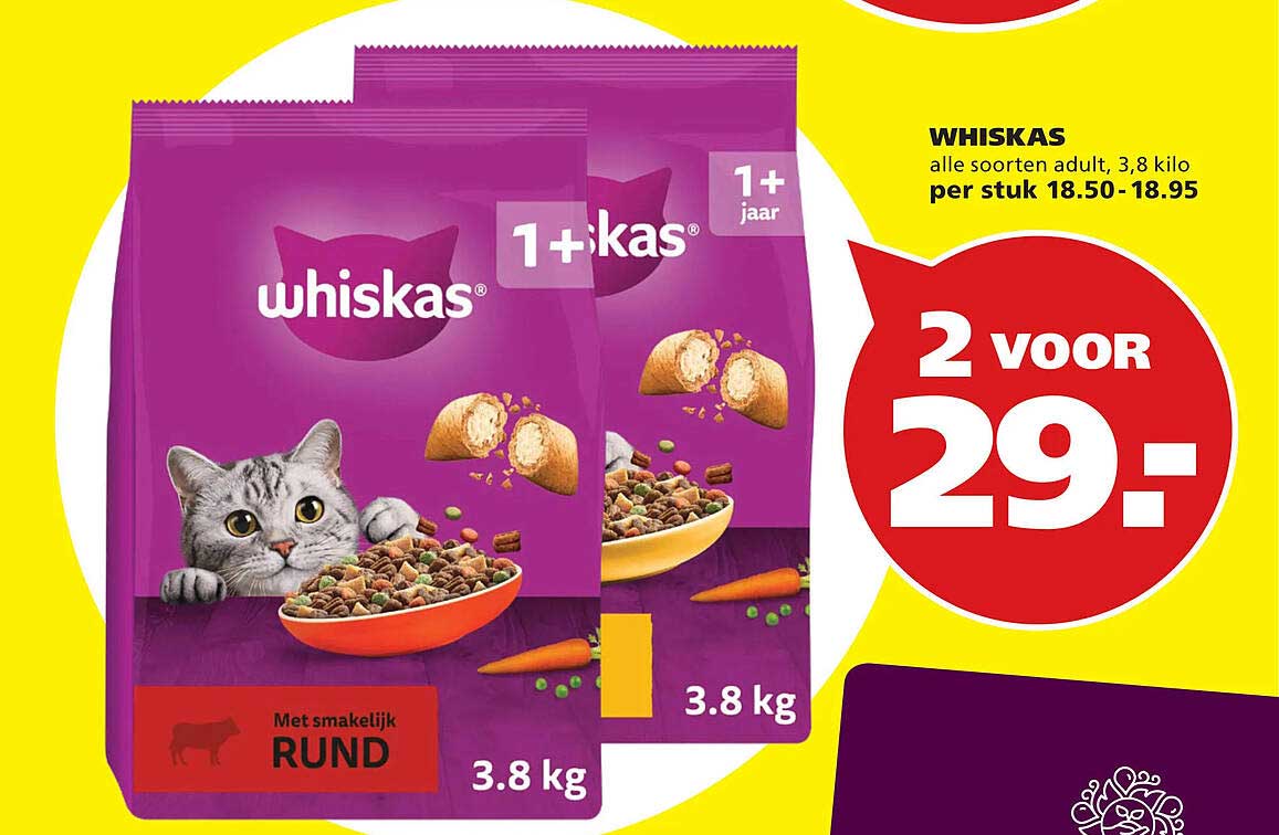 WHISKAS alle soorten adult, 3,8 kilo 2 voor 29,-