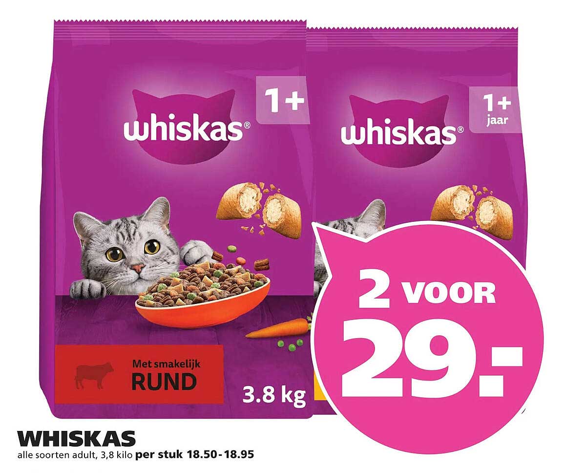 WHISKAS alle soorten adult, 3,8 kilo per stuk 2 voor 29:-