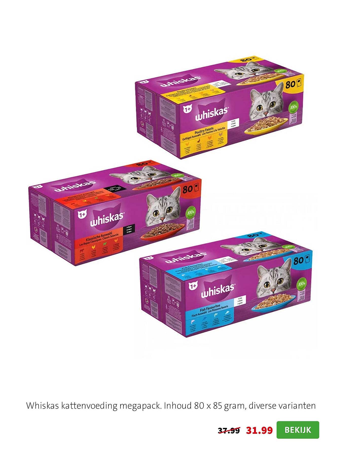 Whiskas kattenvoeding megapack. Inhoud 80 x 85 gram, diverse varianten