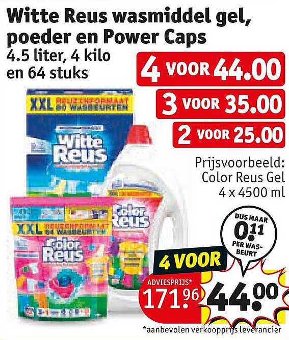 Witte Reus wasmiddel gel, poeder en Power Caps 4.5 liter, 4 kilo en 64 stuks