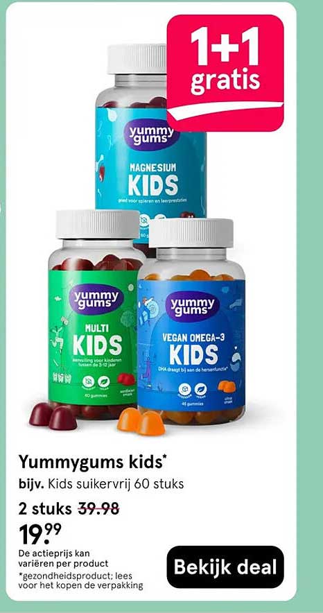 Yummygums kids* bijv. Kids suikervrij 60 stuks 1+1 gratis