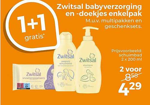 Zwitsal babyverzorging en -doekjes enkelpak 1+1 gratis