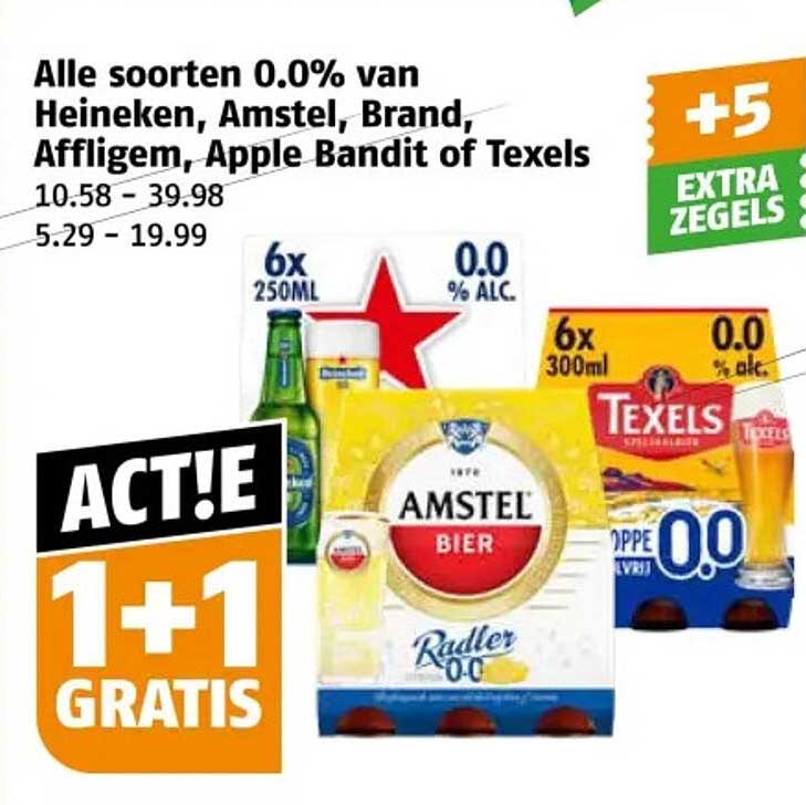 Alle soorten 0.0% van Heineken, Amstel, Brand, Affligem, Apple Bandit of Texels