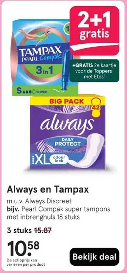 Always en Tampax m.u.v. Always Discreet bijv. Pearl Compak super tampons met inbrenghuls 18 stuks