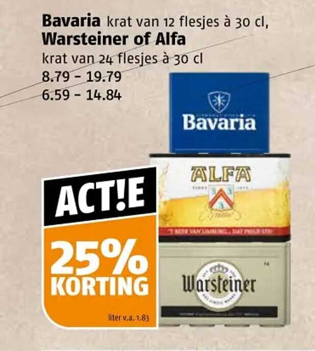 Bavaria krat van 12 flesjes à 30 cl, Warsteiner of Alfa krat van 24 flesjes à 30 cl