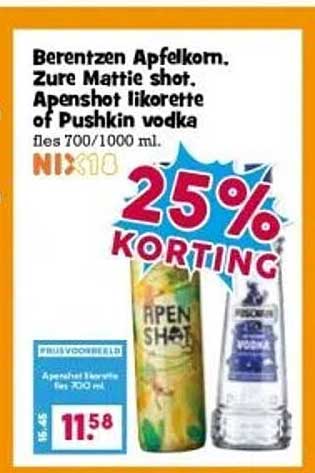 Berentzen Apfelkom. Zure Mattie shot. Apenshot likorette of Pushkin vodka fles 700/1000 ml.