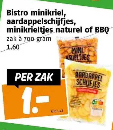 Bistro minikriel, aardappelschijfjes, minikrieltjes naturel of BBQ zak à 700 gram