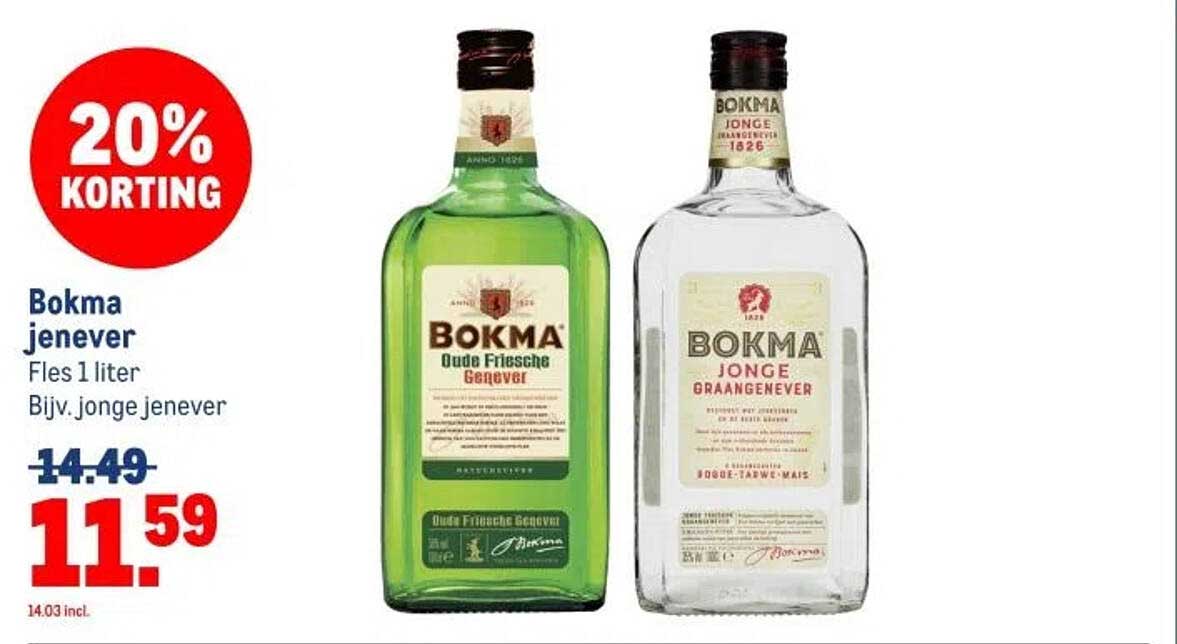Bokma jenever Fles 1 liter Bijv. jonge jenever