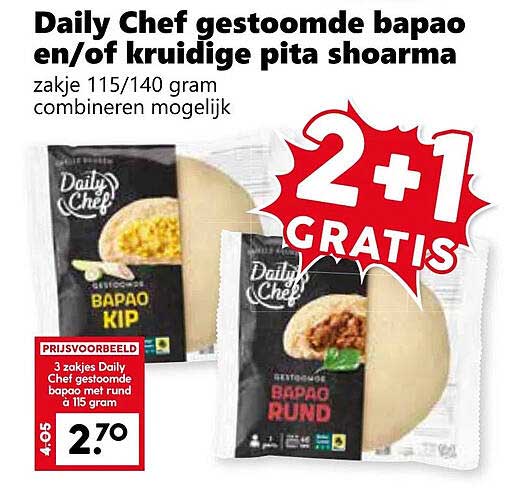 Daily Chef gestoomde bapaos en/of kruidige pita shoarma
