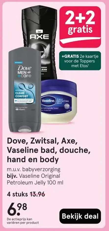 Dove, Zwitsal, Axe, Vaseline bad, douche, hand en body