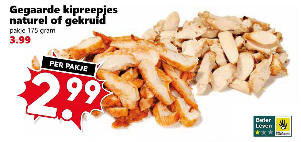 Gegaarde kipreepjes naturel of gekruid pakje 175 gram