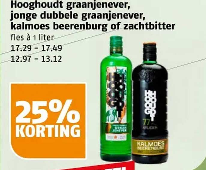 Hooghoudt graanjenever, jonge dubbele graanjenever, kalmoes beerenburg of zachtbitter