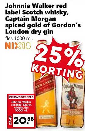 Johnnie Walker red label Scotch whisky, Captain Morgan spiced gold of Gordon’s London dry gin fles 1000 ml.