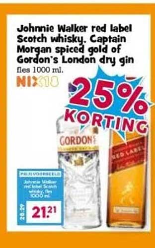 Johnnie Walker red label Scotch whisky. Captain Morgan spiced gold of Gordon's London dry gin fles 1000 ml.
