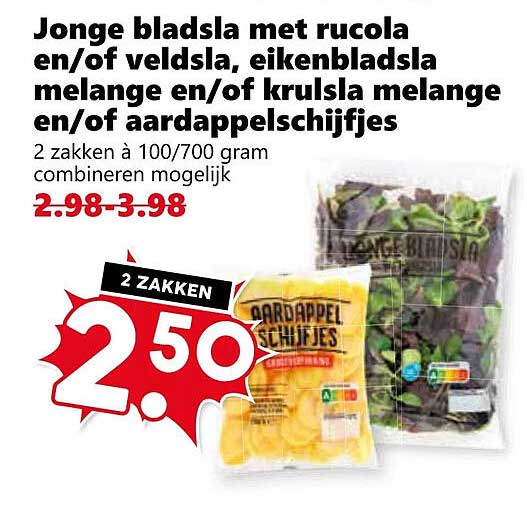 Jonge bladsla met rucola en/of veldsla, eikenbladsla melange en/of koolsla melange en/of aardappelschijfjes