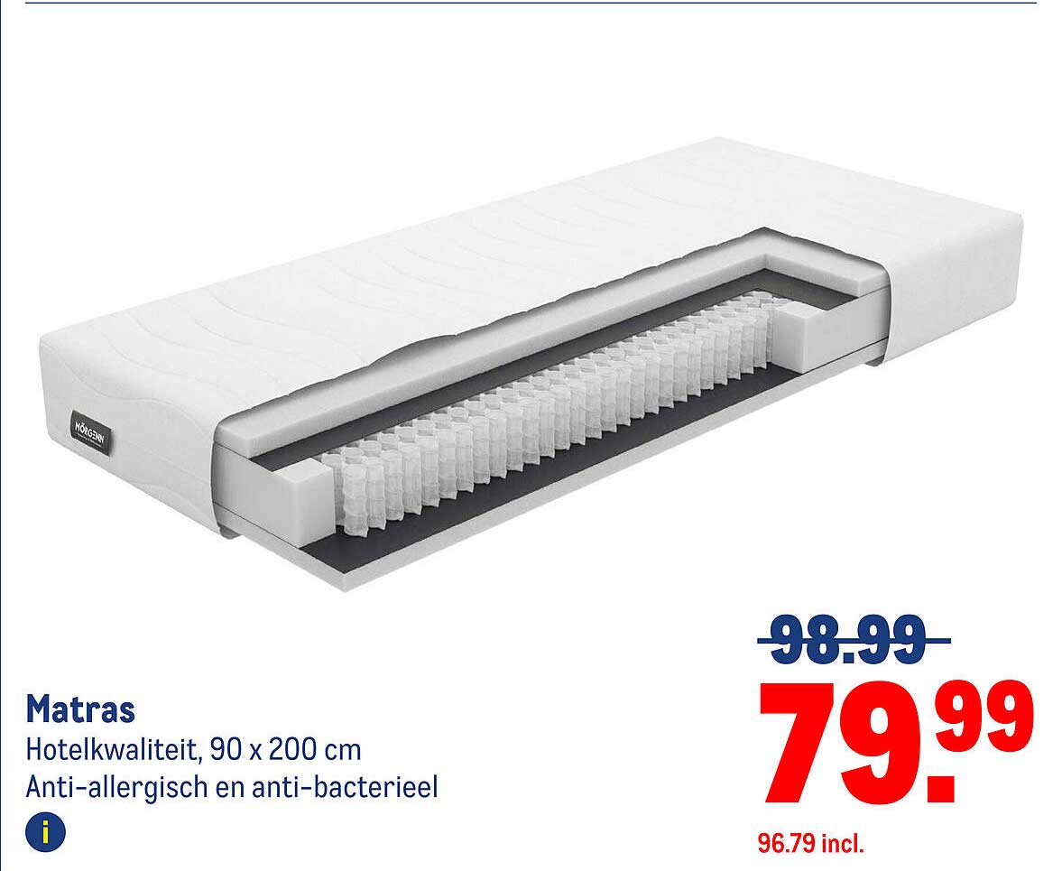 Matras Hotelkwaliteit, 90 x 200 cm Anti-allergisch en anti-bacterieel