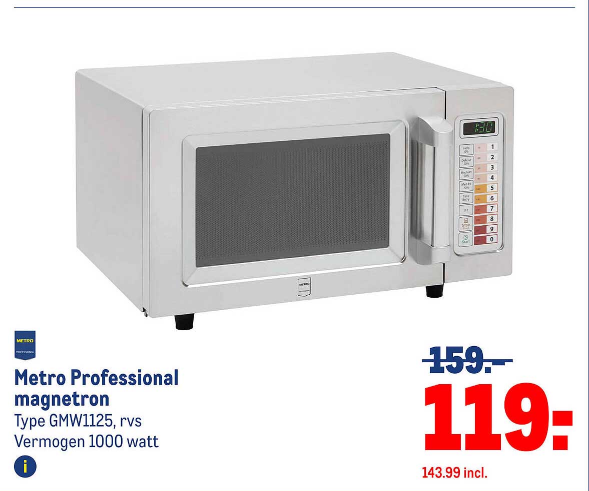 Metro Professional magnetron Type GMW1125, rvs Vermogen 1000 watt