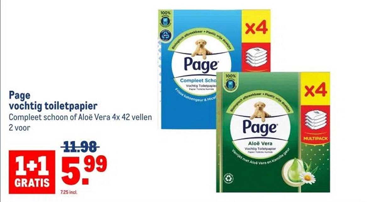 Page vochtig toiletpapier Compleet schoon of Aloë Vera 4x 42 vellen 2 voor