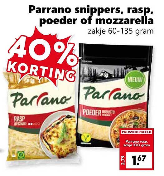 Parrano snippers, rasp, poeder of mozzarella zakje 60-135 gram