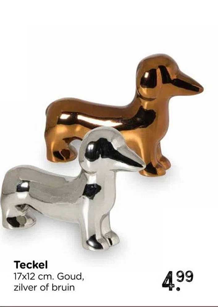 Teckel 17x12 cm. Goud, zilver of bruin