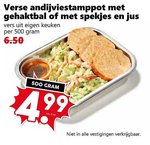 Verse andijviestamppot met gehaktbal of met spekjes en jus