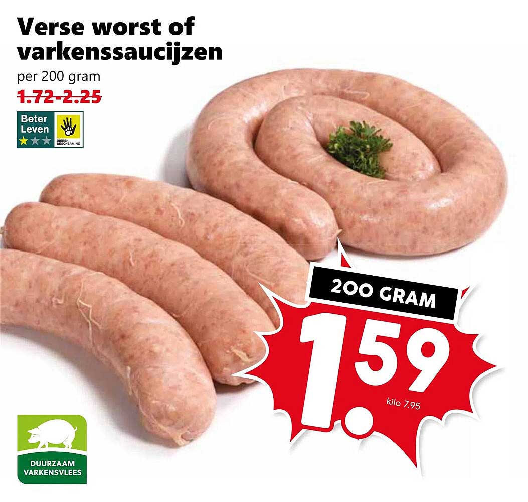 Verse worst of varkenssaucijzen per 200 gram