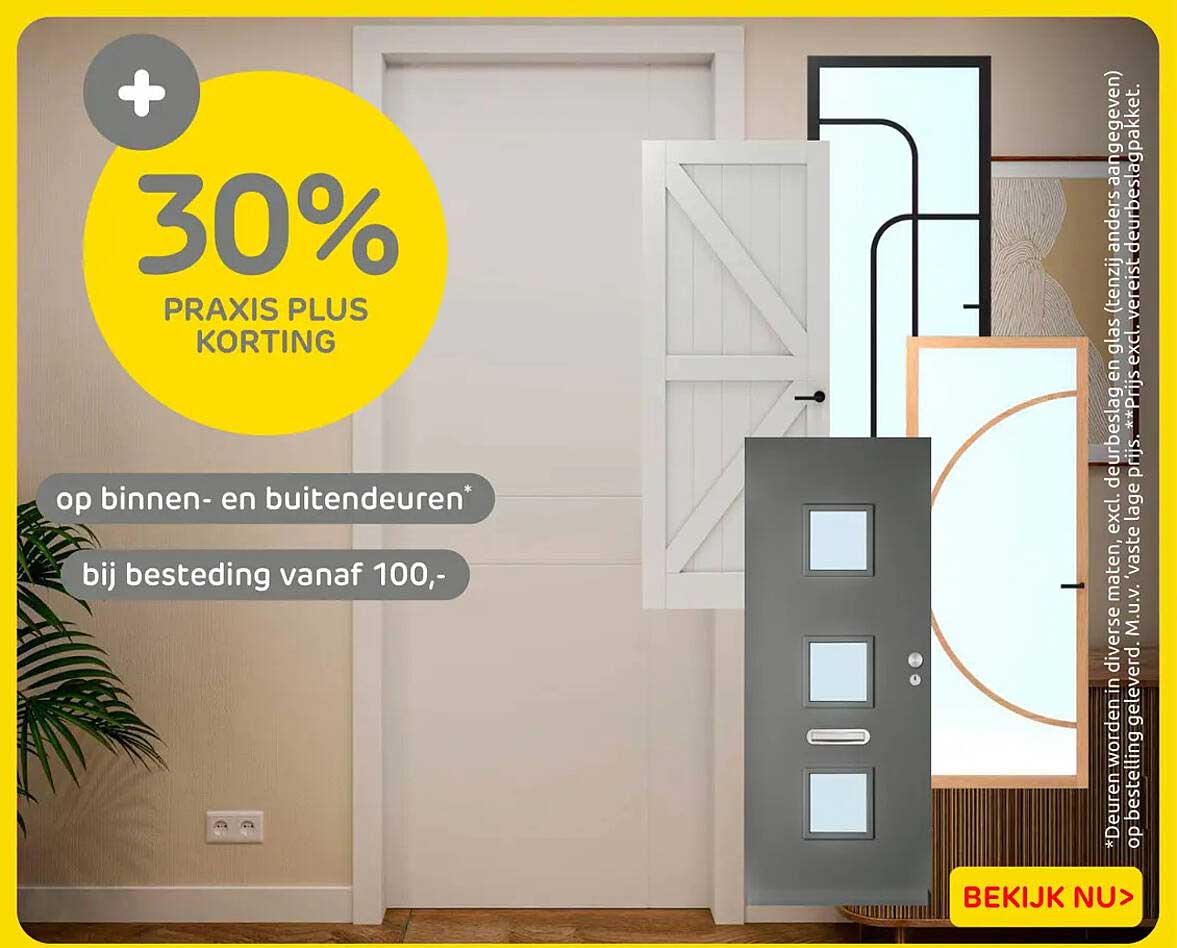30% PRAXIS PLUS KORTING op binnen- en buitendeuren* bij besteding vanaf 100,-
