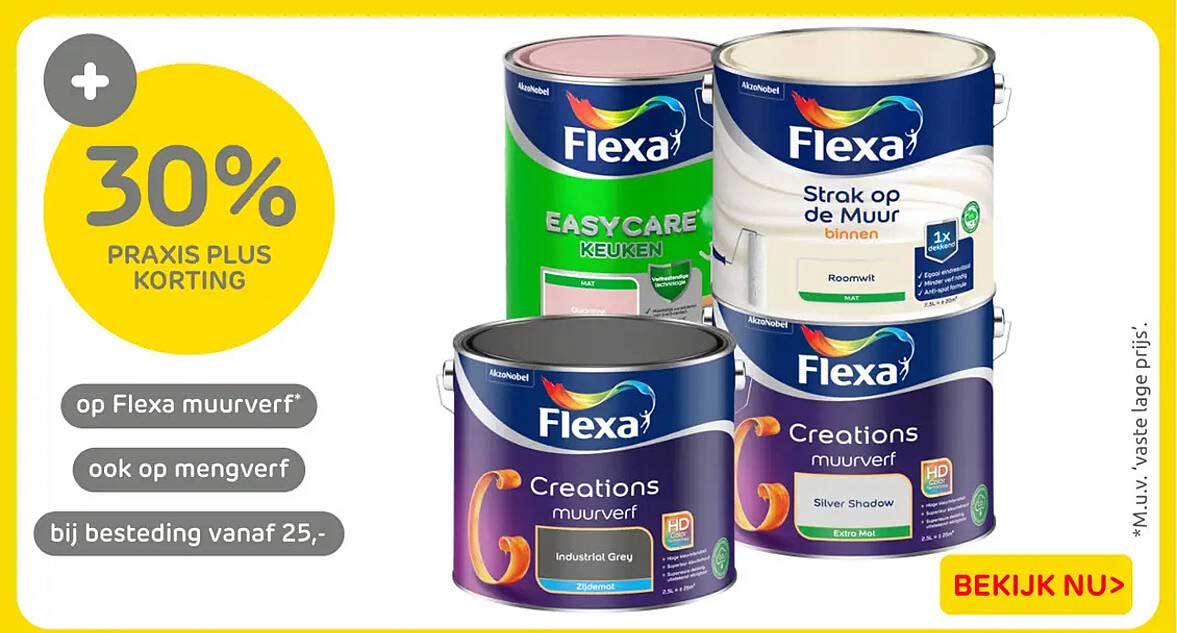 30% Praxis Plus korting op Flexa muurverf, ook op mengverf bij besteding vanaf 25,-