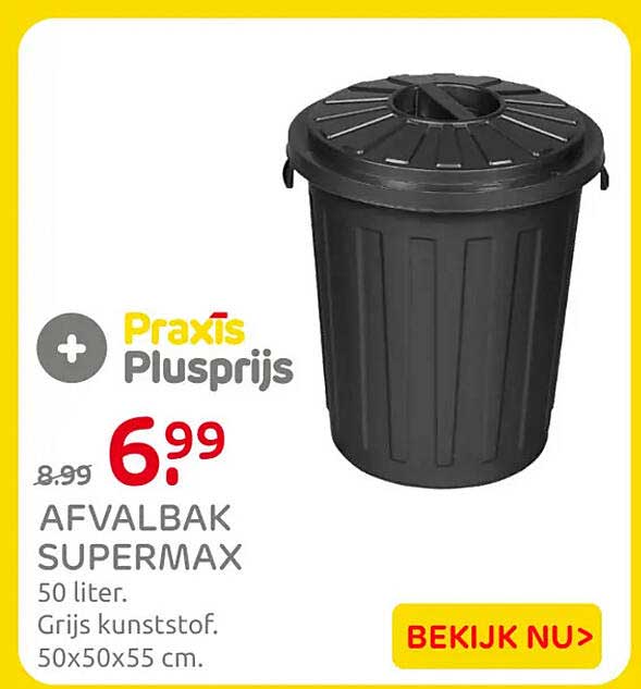 Afvalbak Supermax 50 liter, grijs kunststof, 50x50x55 cm
