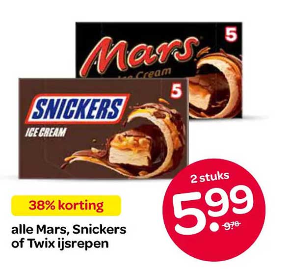alle Mars, Snickers of Twix ijsrepen 38% korting