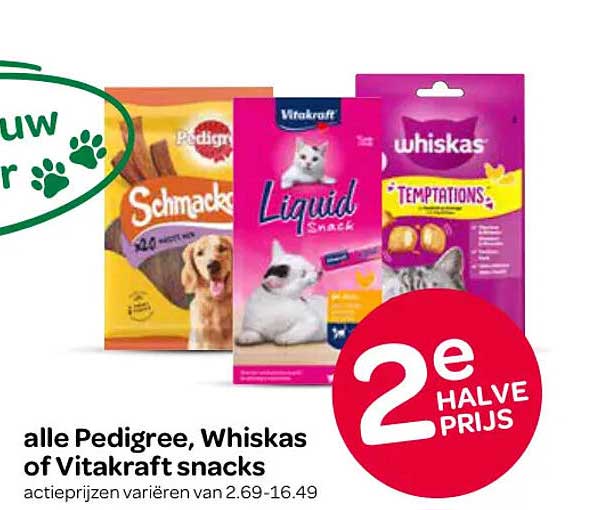 alle Pedigree, Whiskas of Vitakraft snacks 2e halve prijs