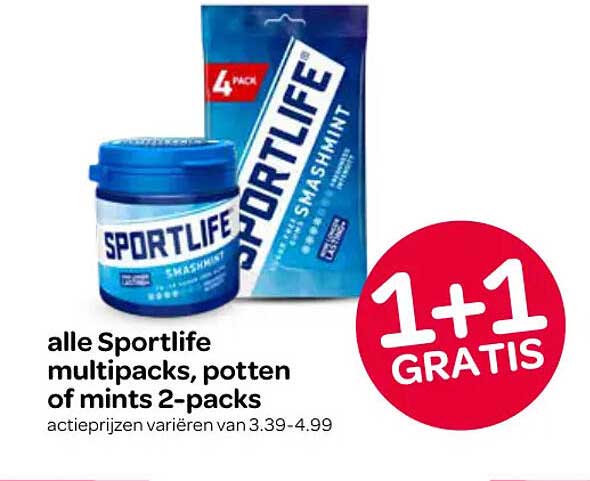 alle Sportlife multipacks, potten of mints 2-packs 1+1 GRATIS