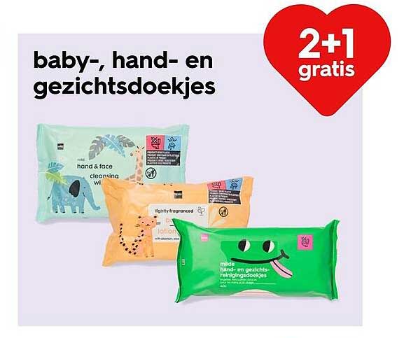 baby-, hand- en gezichtsdoekjes 2+1 gratis