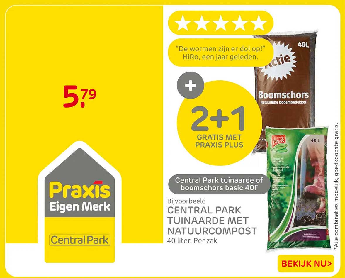 Central Park tuinaarde met natuurcompost 40 liter. Per zak 2+1 gratis met Praxis Plus