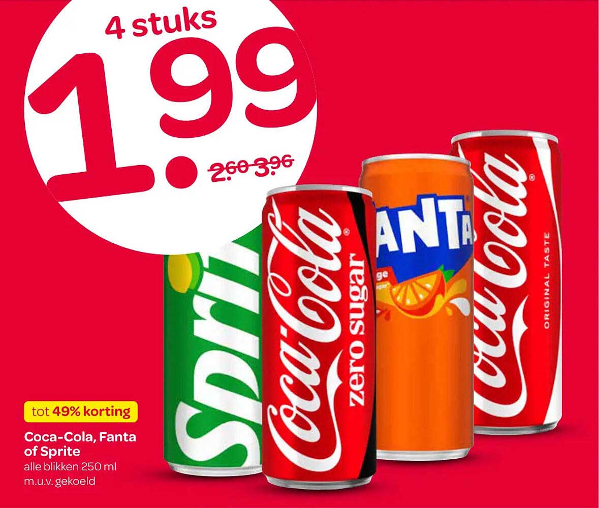 Coca-Cola, Fanta of Sprite alle blikken 250 ml 4 stuks tot 49% korting