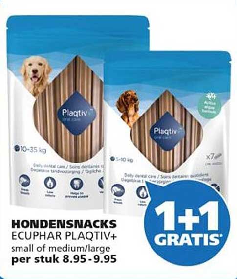 HONDENSNACKS ECUPHAR PLAQTIV+ small of medium/large 1+1 GRATIS