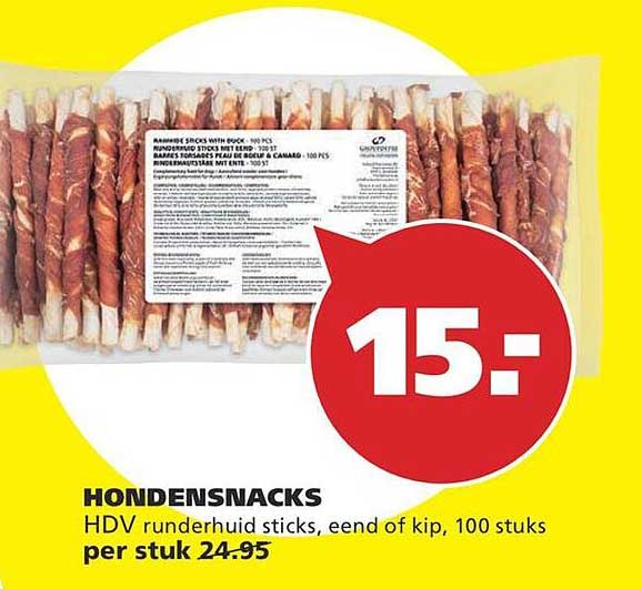 HONDENSNACKS HDV runderhuid sticks, eend of kip, 100 stuks per stuk 24.95