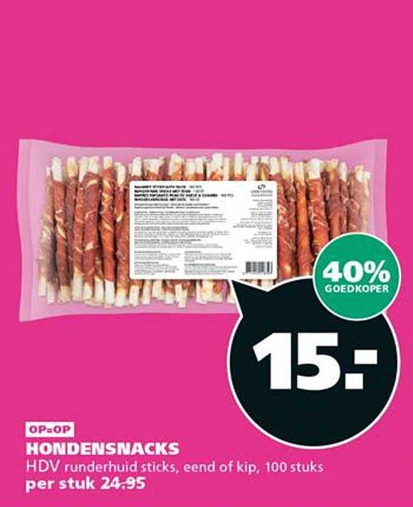 HONDENSNACKS HDV runderhuid sticks, eend of kip, 100 stuks per stuk 24.95