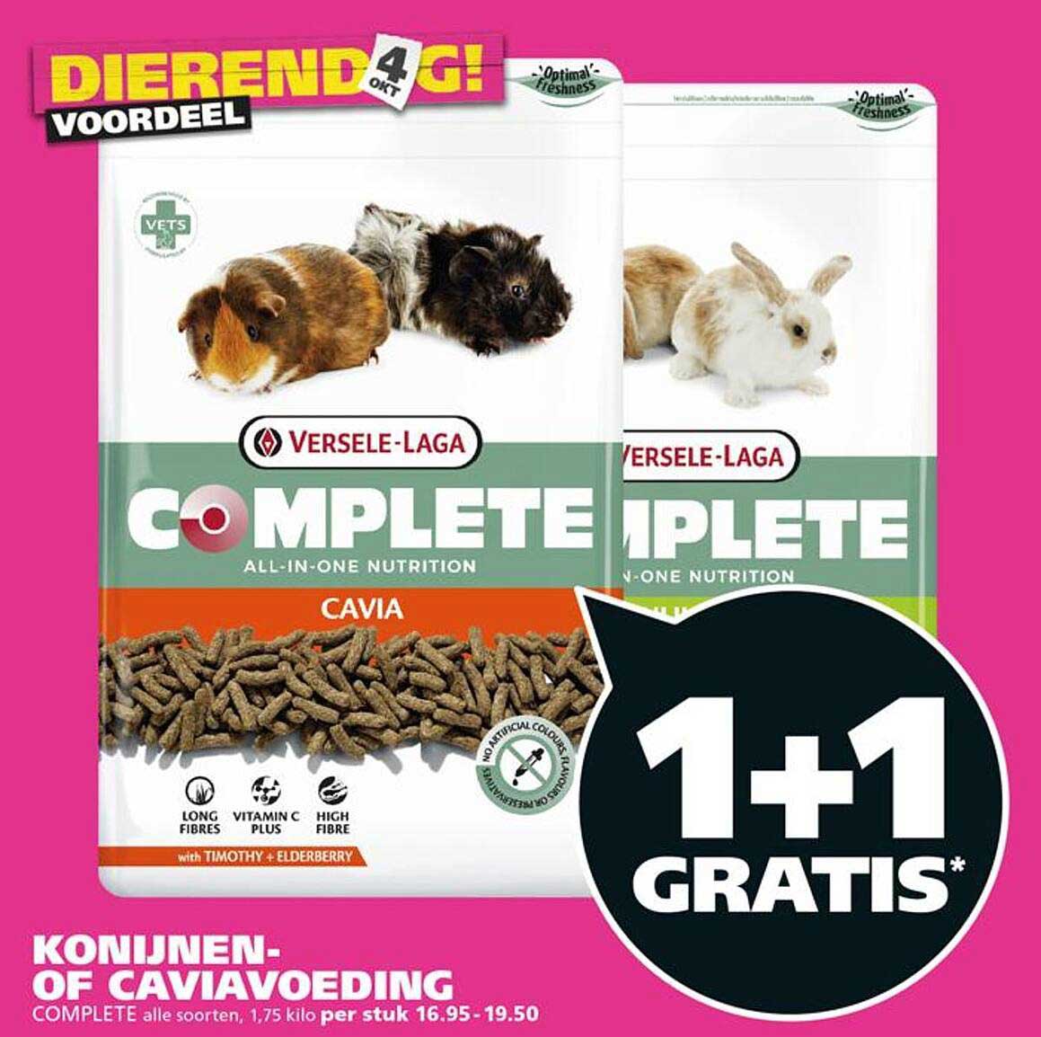 Konijnen- of caviavoeding COMPLETE alle soorten, 1,75 kilo per stuk 1+1 GRATIS