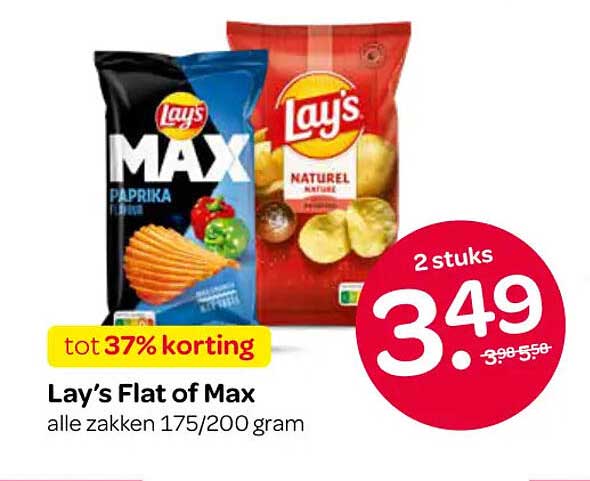 Lay’s Flat of Max alle zakken 175/200 gram tot 37% korting