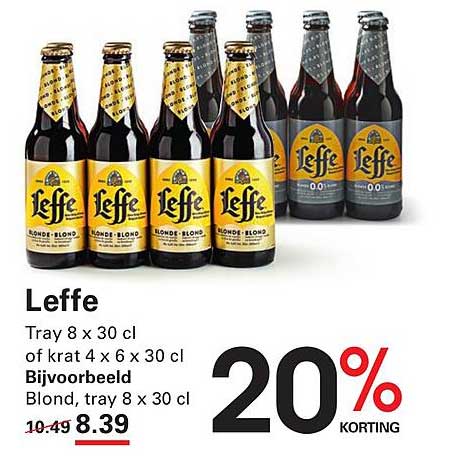 Leffe Tray 8 x 30 cl of krat 4 x 6 x 30 cl Bijvoorbeeld Blond, tray 8 x 30 cl 20% korting