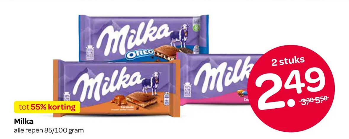 Milka alle repen 85/100 gram tot 55% korting