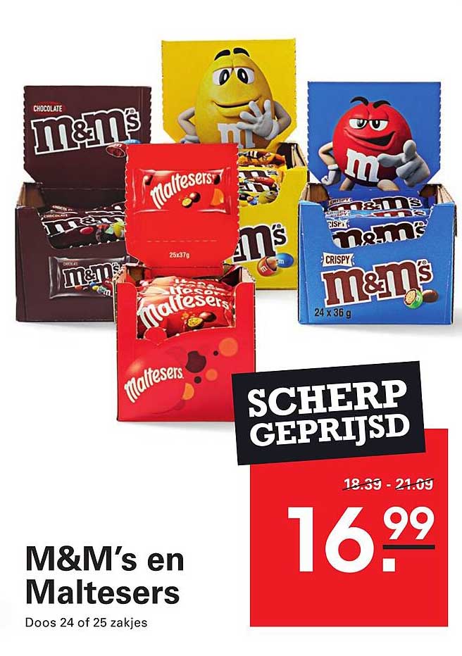 M&M’s en Maltesers Doos 24 of 25 zakjes SCHERP GEPRIJSD