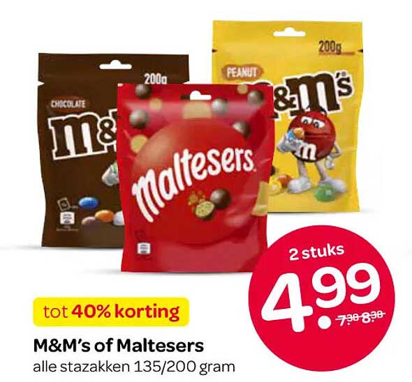 M&M’s of Maltesers alle stazakken 135/200 gram tot 40% korting