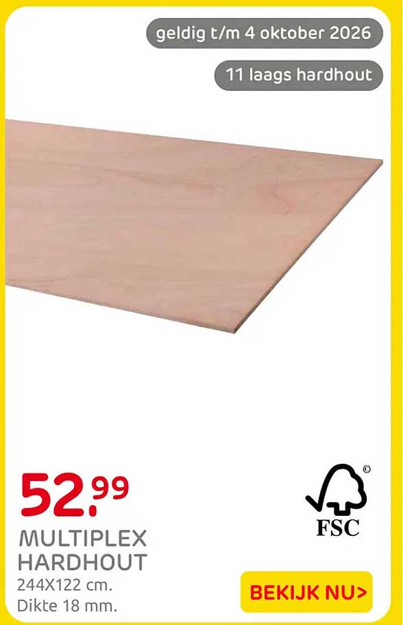Multiplex hardhout 244x122 cm. Dikte 18 mm.