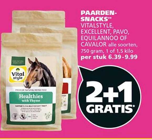 PAARDEN-SNACKS VITALSTYLE, EXCELLENT, PAVO, EQUILANNOO OF CAVALOR alle soorten, 750 gram, 1 of 1,5 kilo 2+1 GRATIS