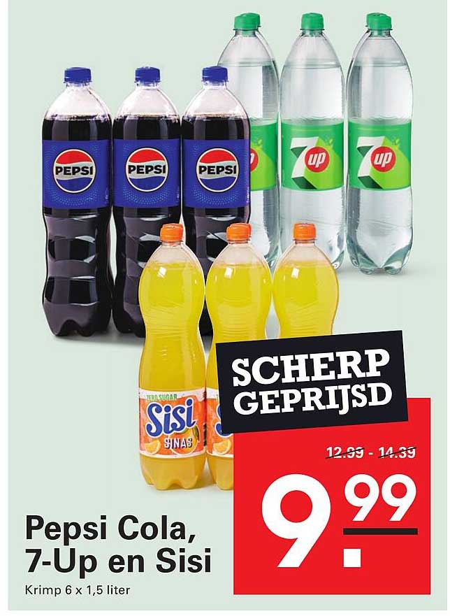 Pepsi Cola, 7-Up en Sisi Krimp 6 x 1,5 liter SCHERP GEPRIJSD