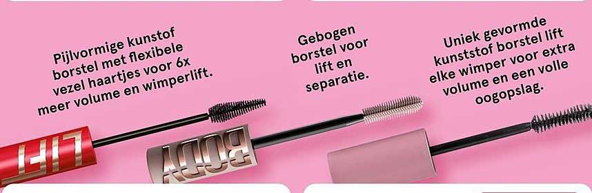 Pijlvormige kunststof borstel met flexibele vezel haartjes voor 6x meer volume en wimperlift.