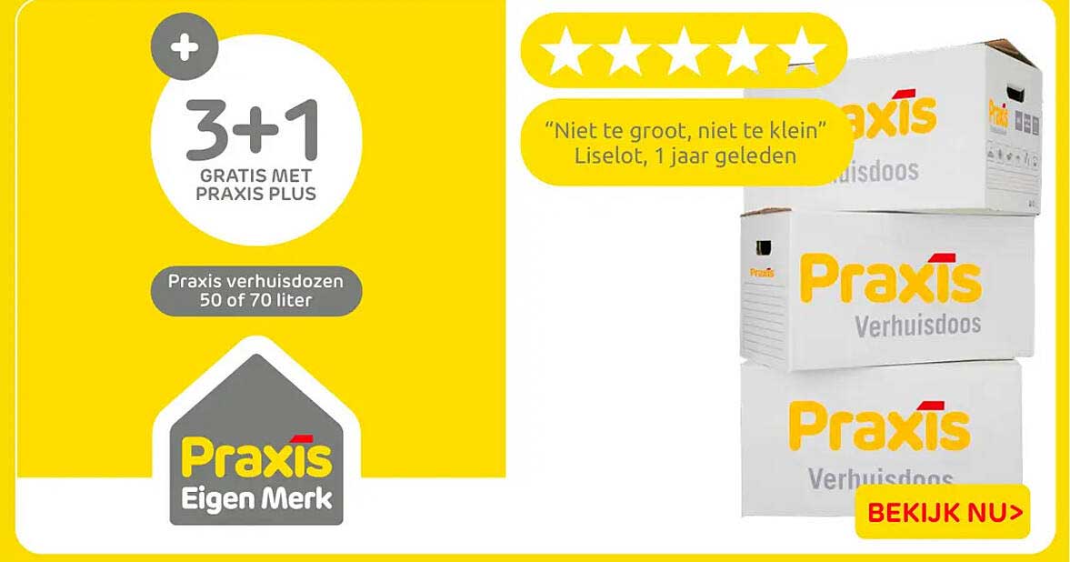 Praxis verhuisdozen 50 of 70 liter 3+1 gratis met Praxis Plus