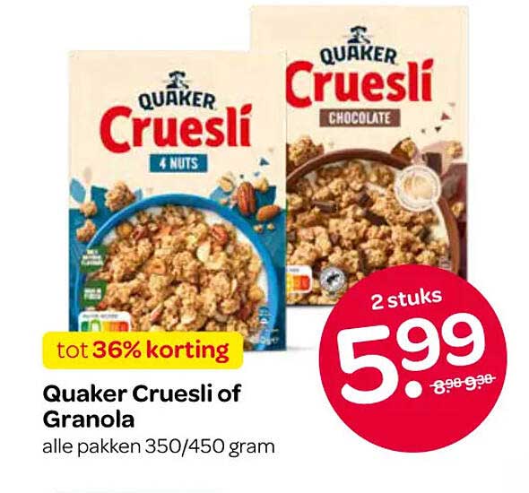 Quaker Cruesli of Granola alle pakken 350/450 gram 2 stuks tot 36% korting